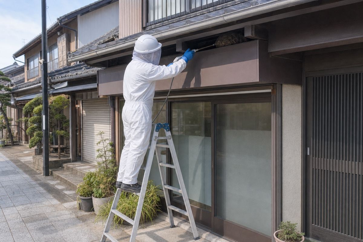 豊川市諏訪の店舗入口でスズメバチ駆除作業中