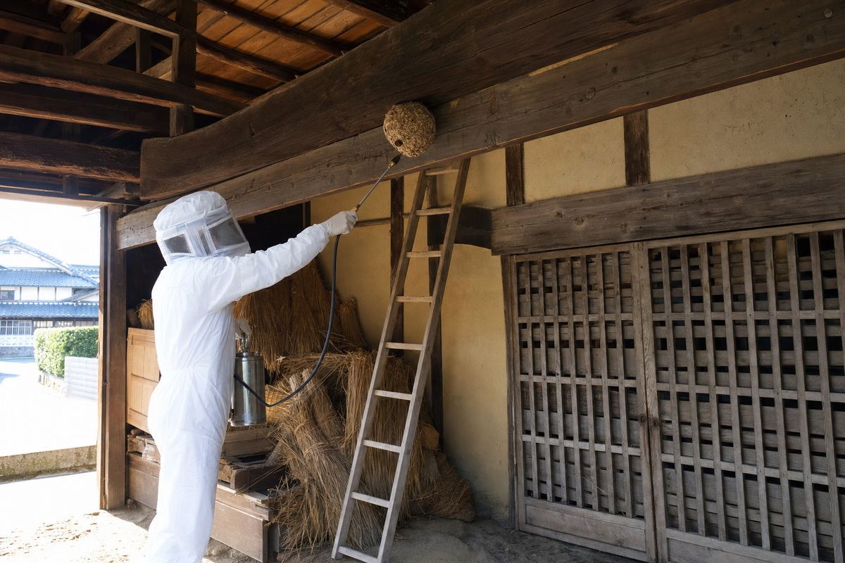 豊川市御油町の古民家でオオスズメバチ駆除作業中