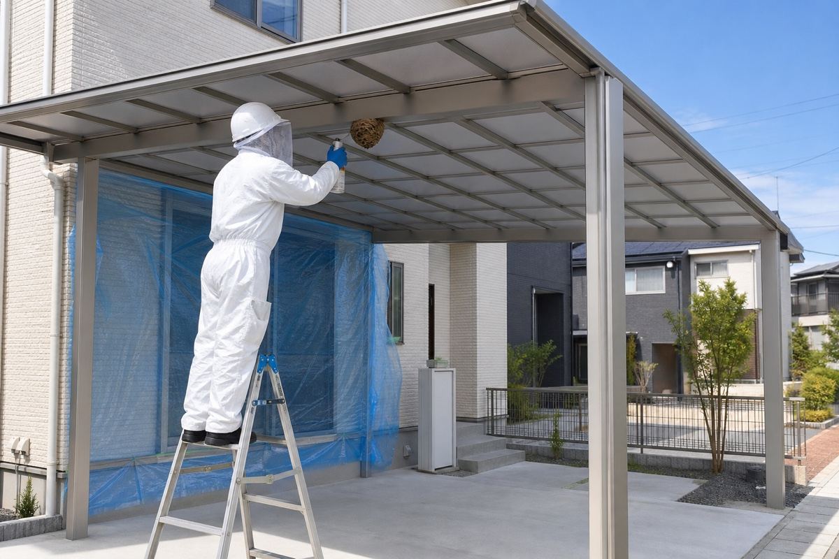 豊川市牛久保町の新興住宅地でスズメバチ駆除作業中