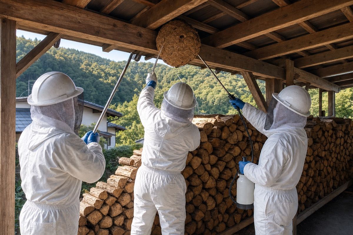 豊川市三蔵子町の山間部住宅でオオスズメバチ駆除作業中