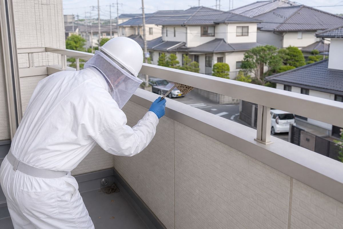 豊川市平尾町の住宅地でアシナガバチ駆除作業中