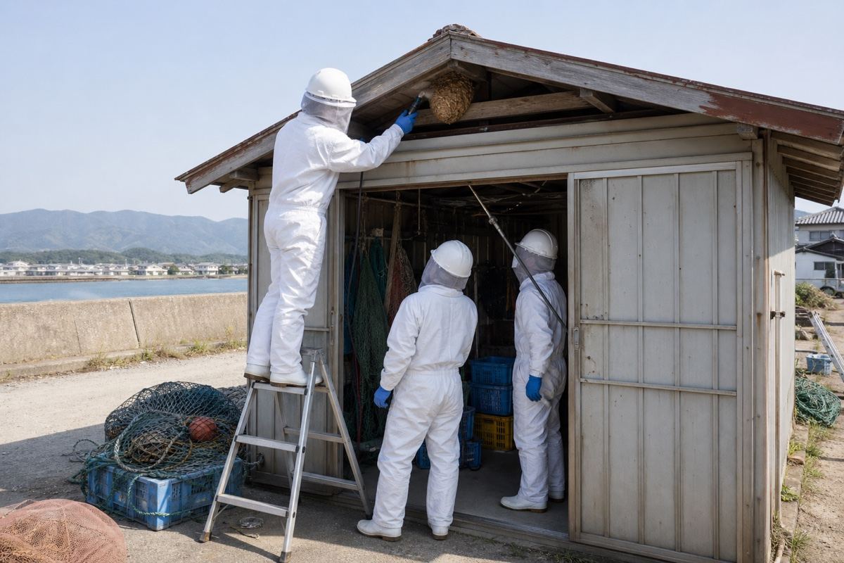 豊川市御津町の港近隣住宅でキイロスズメバチ駆除作業中