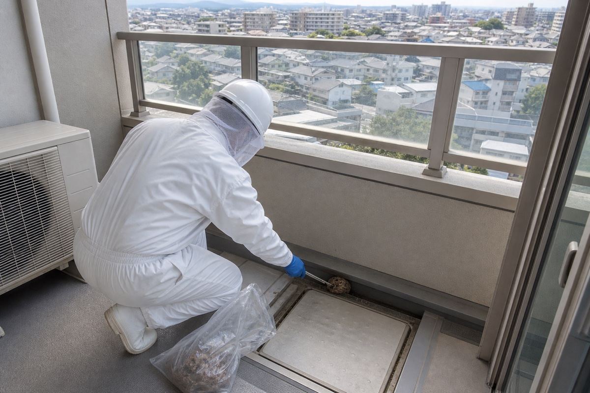 豊川市中部町のマンションでアシナガバチ駆除作業中