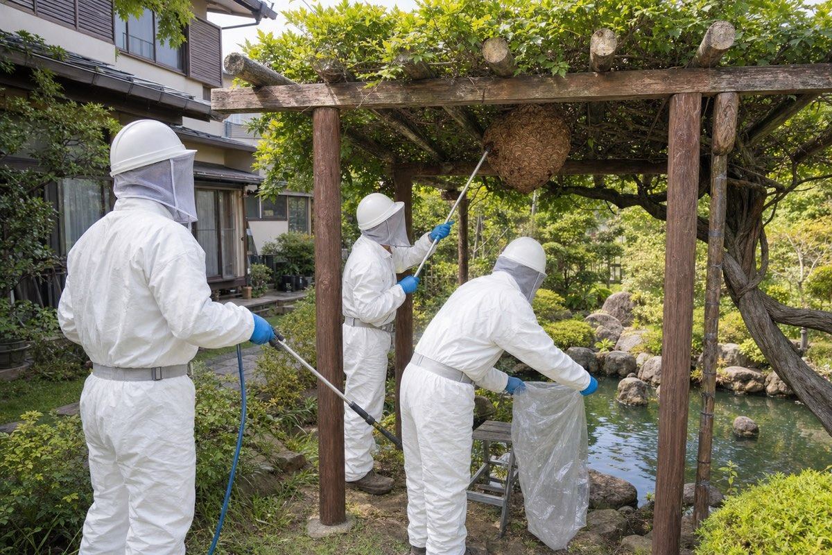 豊川市萩山町の池近隣住宅でオオスズメバチ駆除作業中