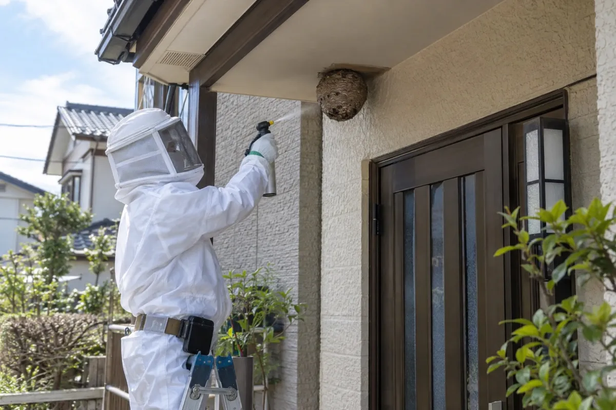 豊川市伊奈町の木造一戸建てでスズメバチ駆除作業中