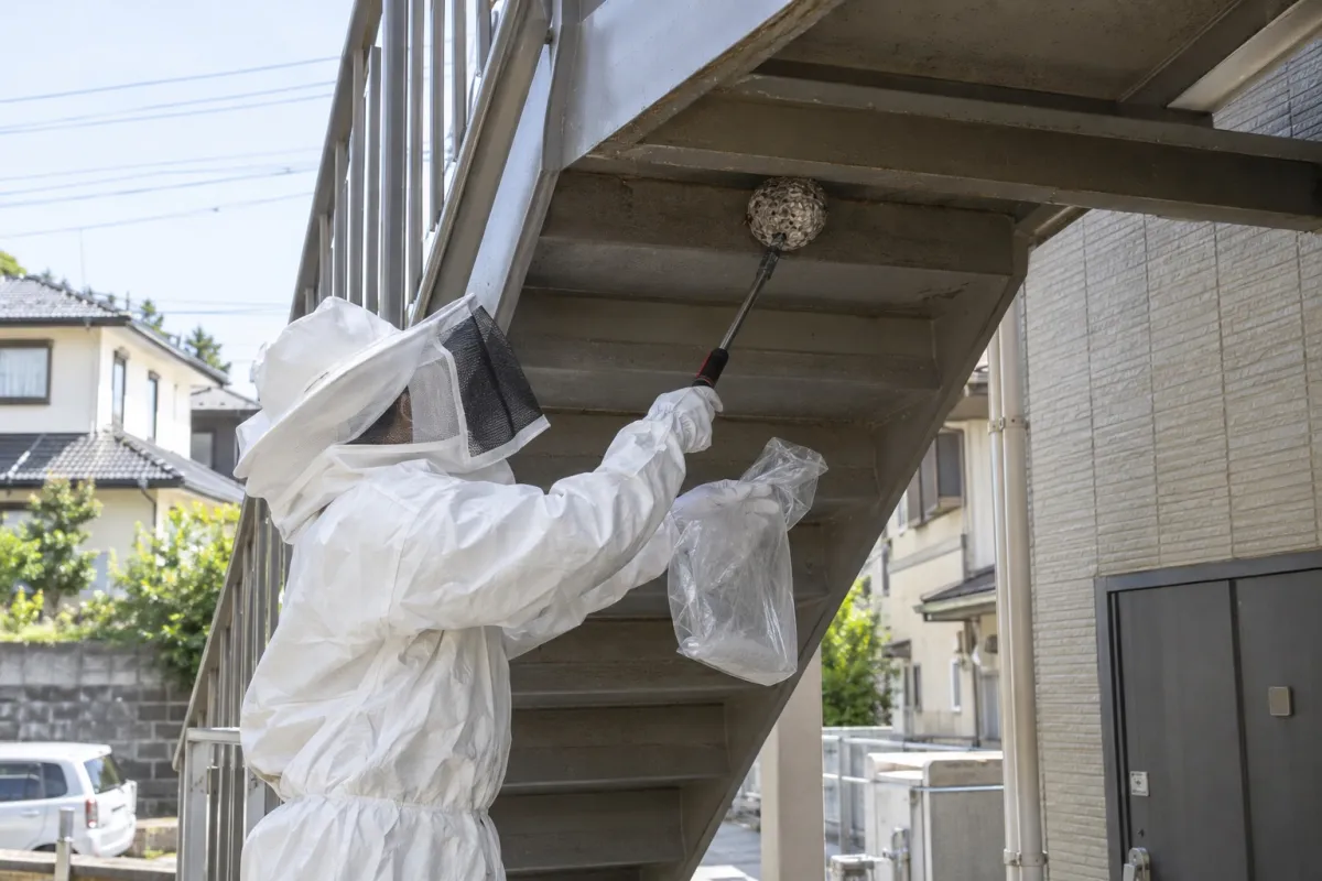 豊川市蔵子の賃貸アパートでアシナガバチ駆除作業中
