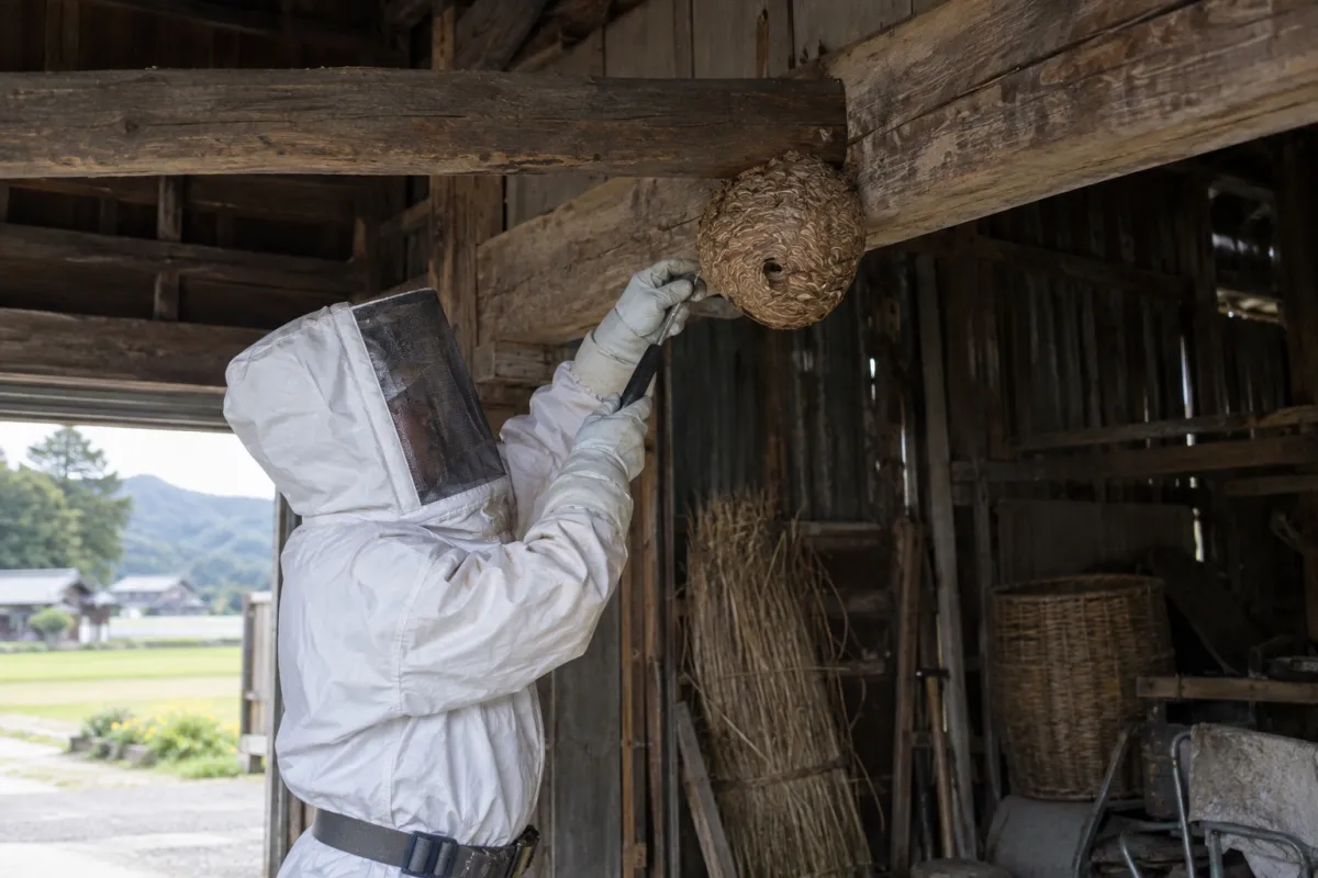 豊川市赤坂町の田園農家納屋でオオスズメバチ駆除作業中