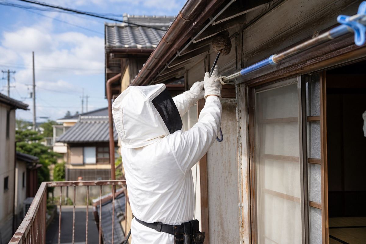 豊田市上挙母の古い住宅街でアシナガバチ駆除作業中