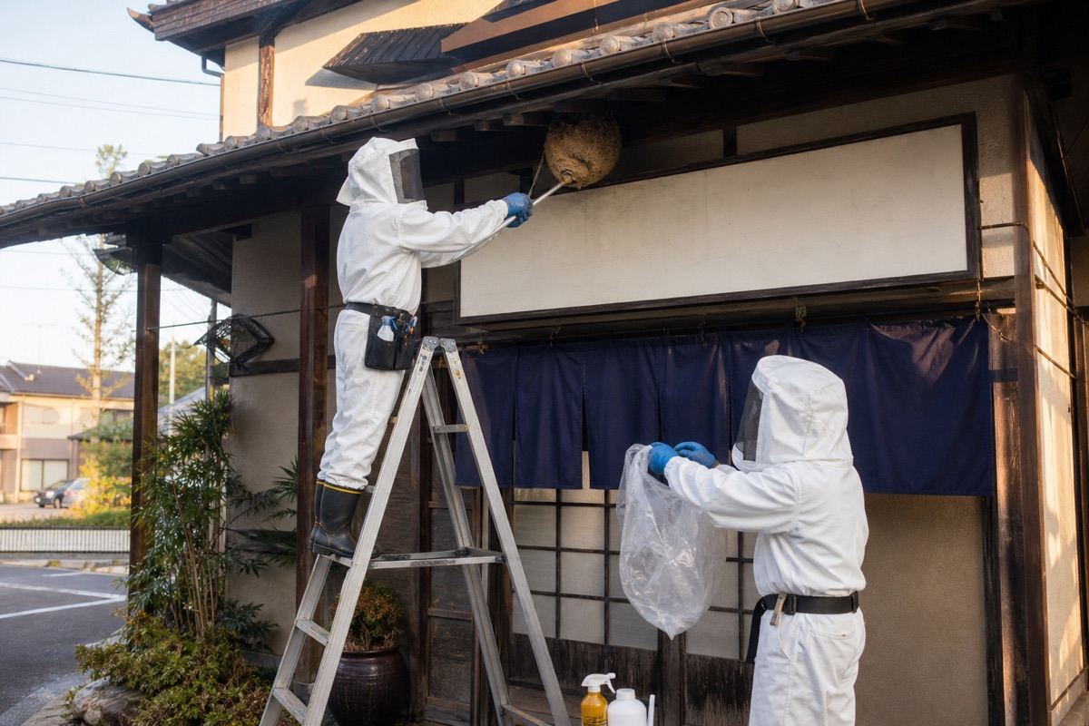 豊田市大林町のうどん店でキイロスズメバチ駆除作業中