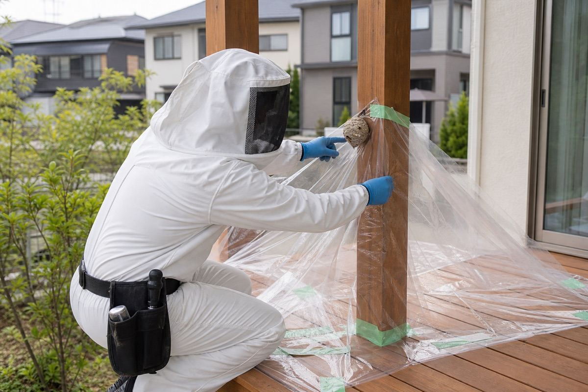 豊田市元町の新興住宅地でアシナガバチ駆除作業中