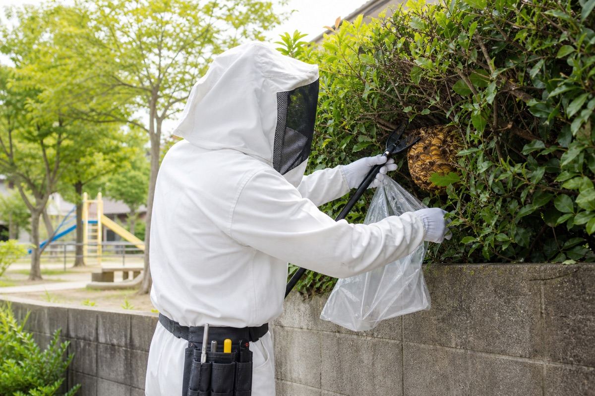 豊田市桜町の公園隣接住宅でキイロスズメバチ駆除作業中