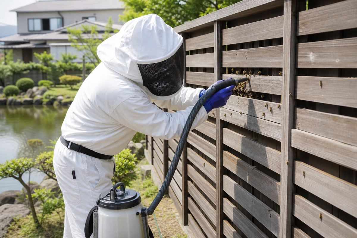 豊田市高岡町の池近隣住宅でミツバチ駆除作業中
