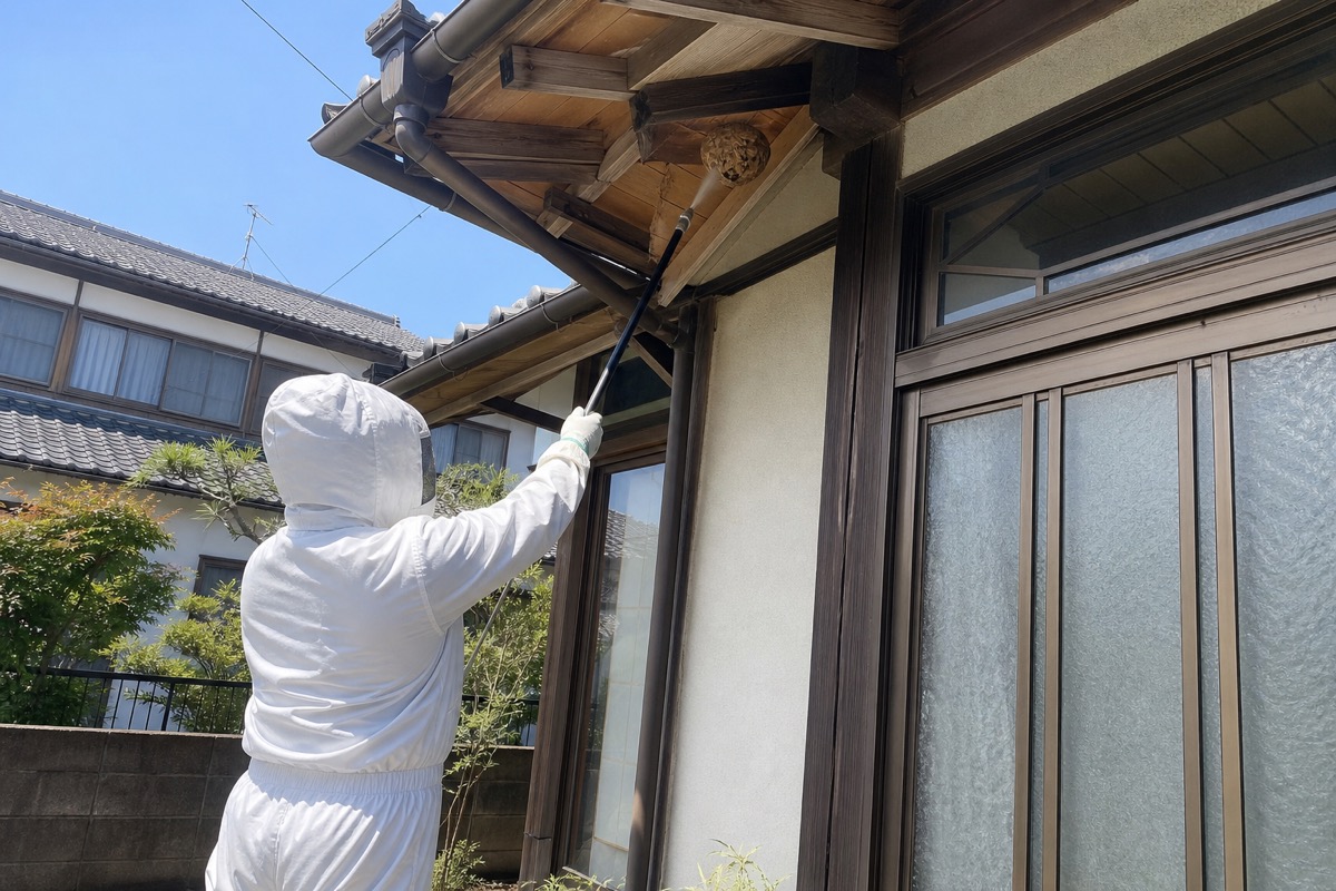 津島市蛭間町の戸建て軒下でスズメバチ駆除作業中