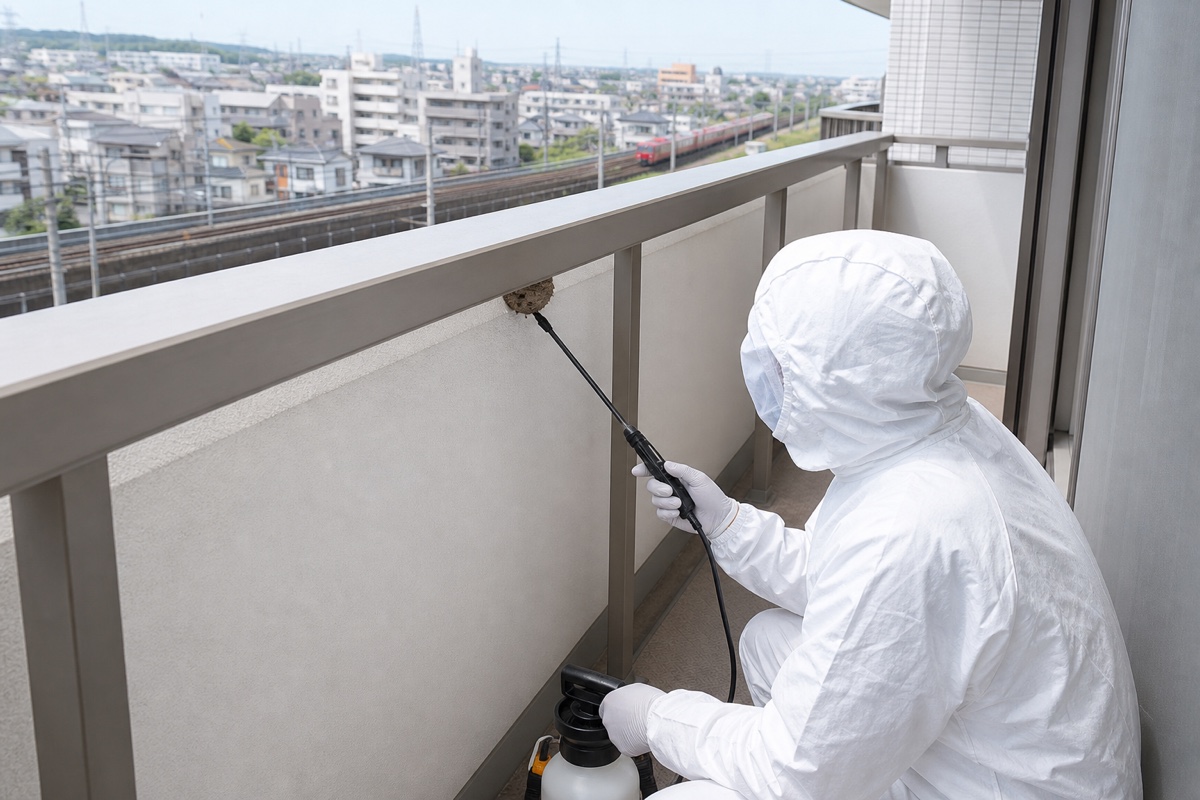 津島市藤浪町の分譲マンションでアシナガバチ駆除作業中