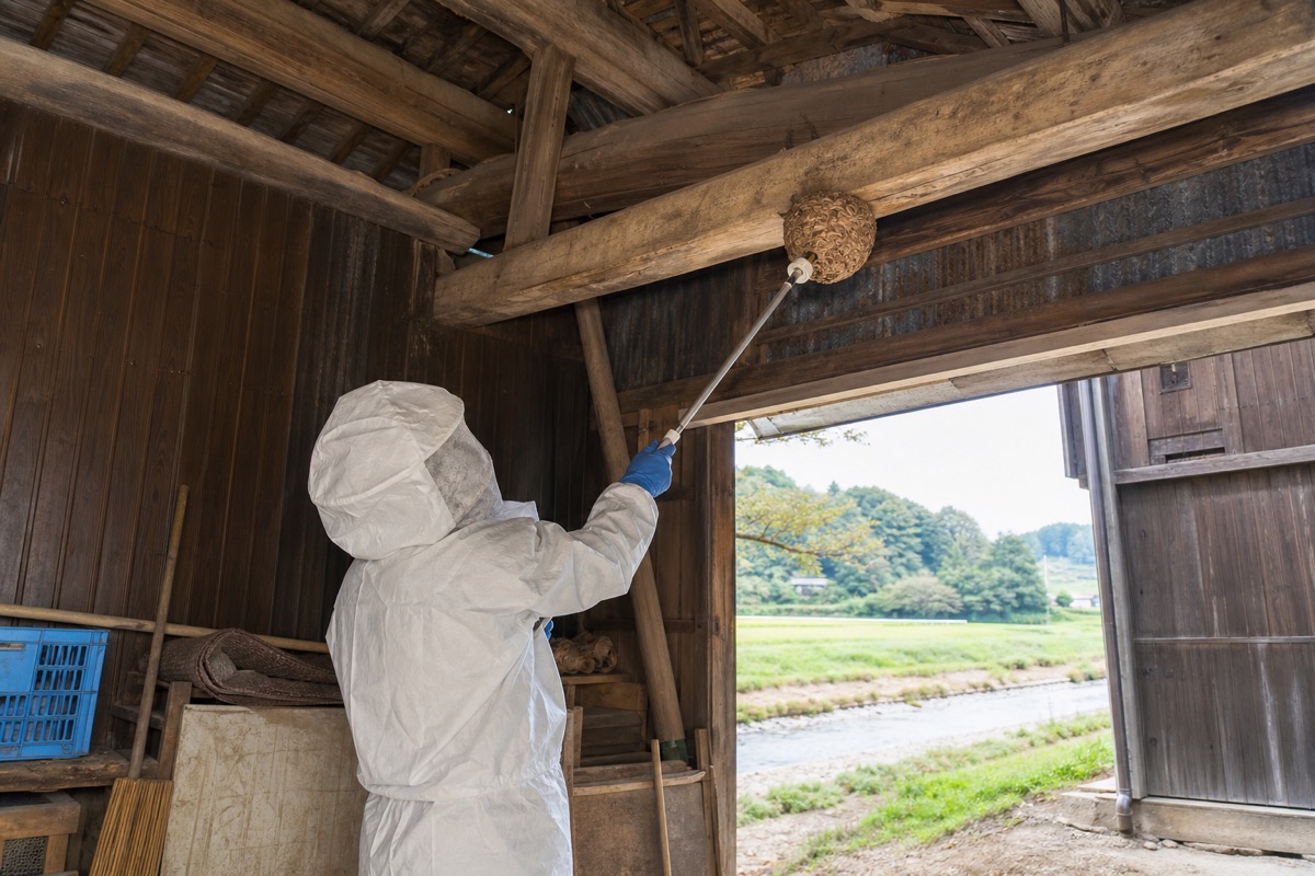 津島市宇治町の田園農家納屋でオオスズメバチ駆除作業中