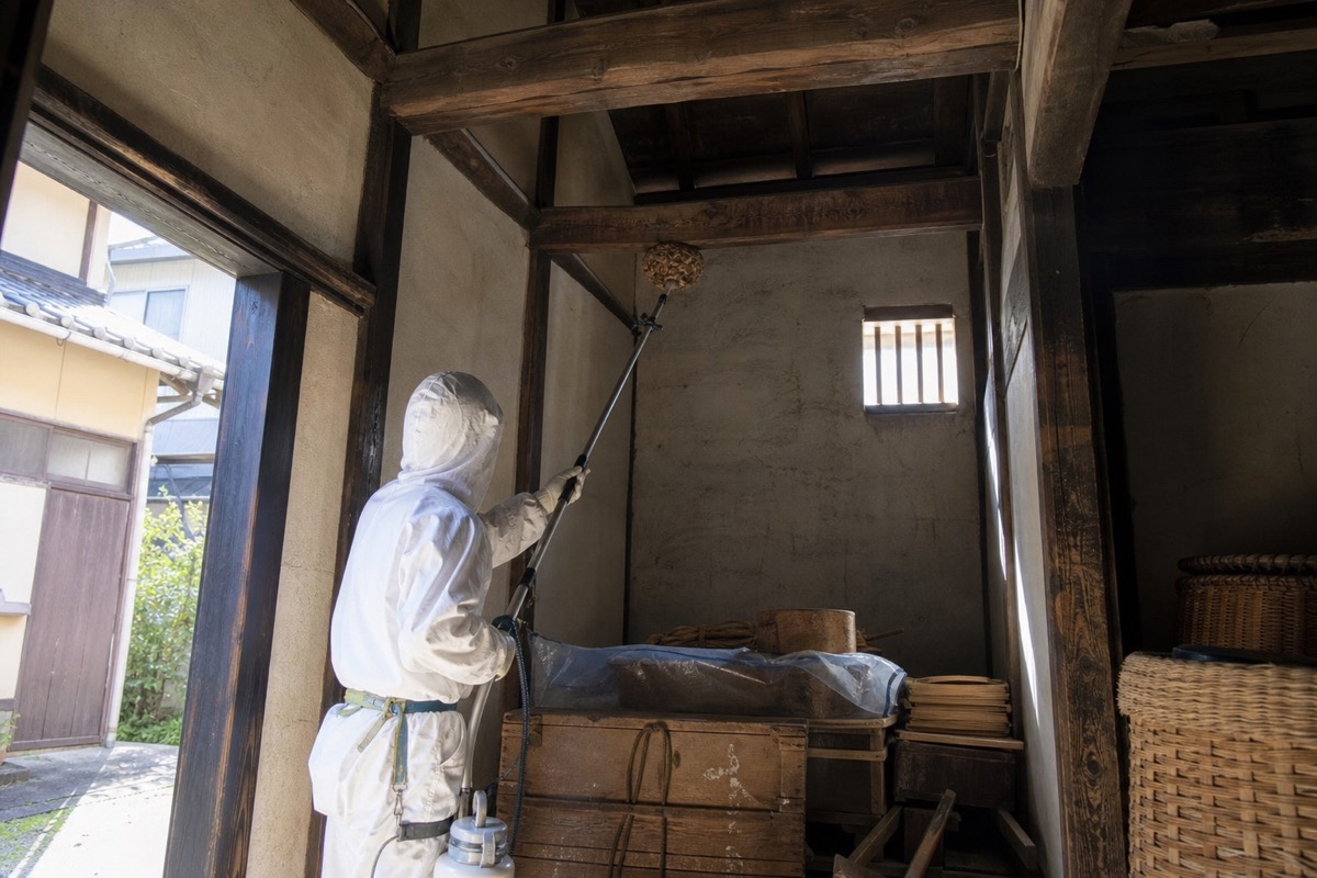 津島市寺前町の古民家でオオスズメバチ駆除作業中