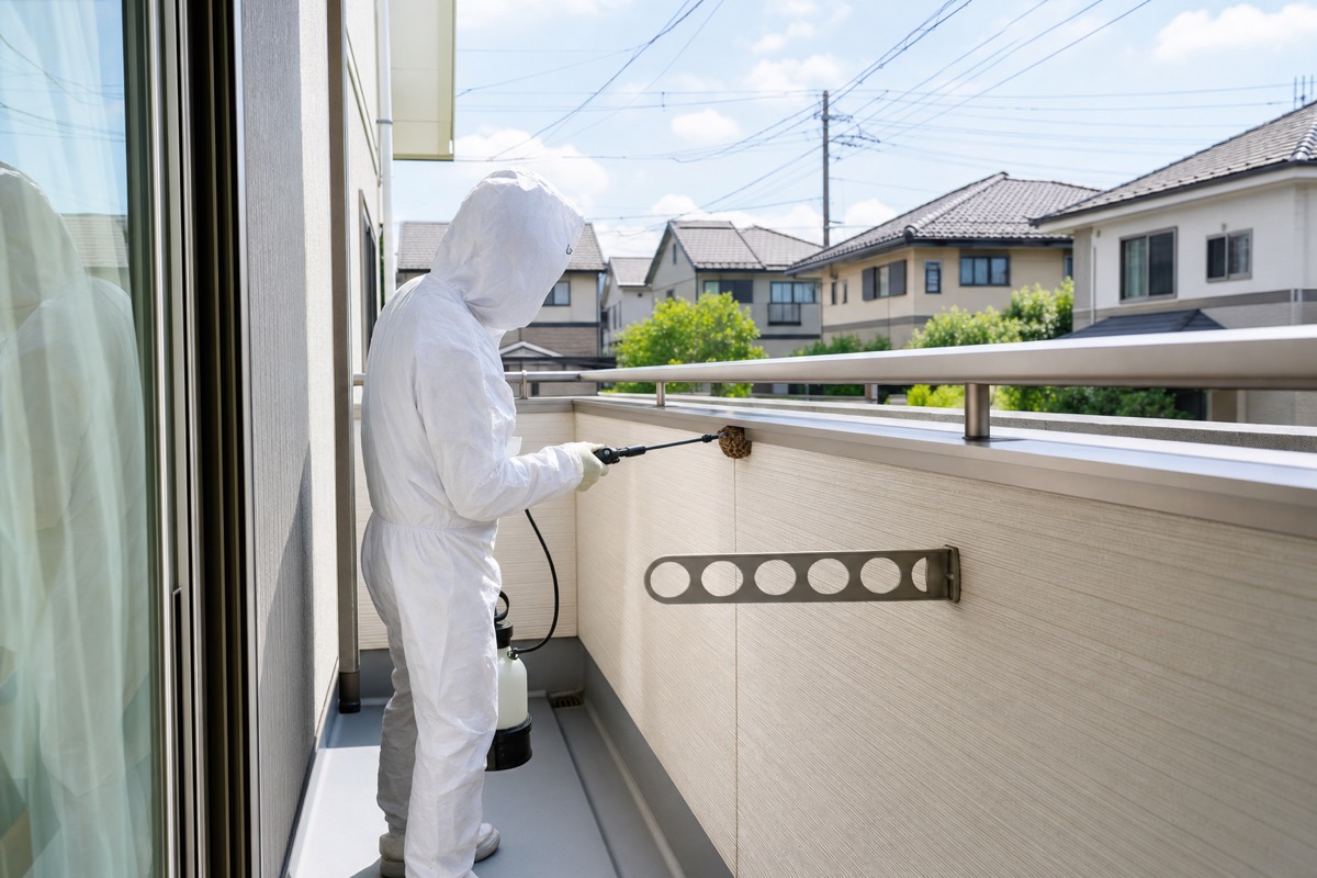 津島市今市場町の分譲住宅でアシナガバチ駆除作業中