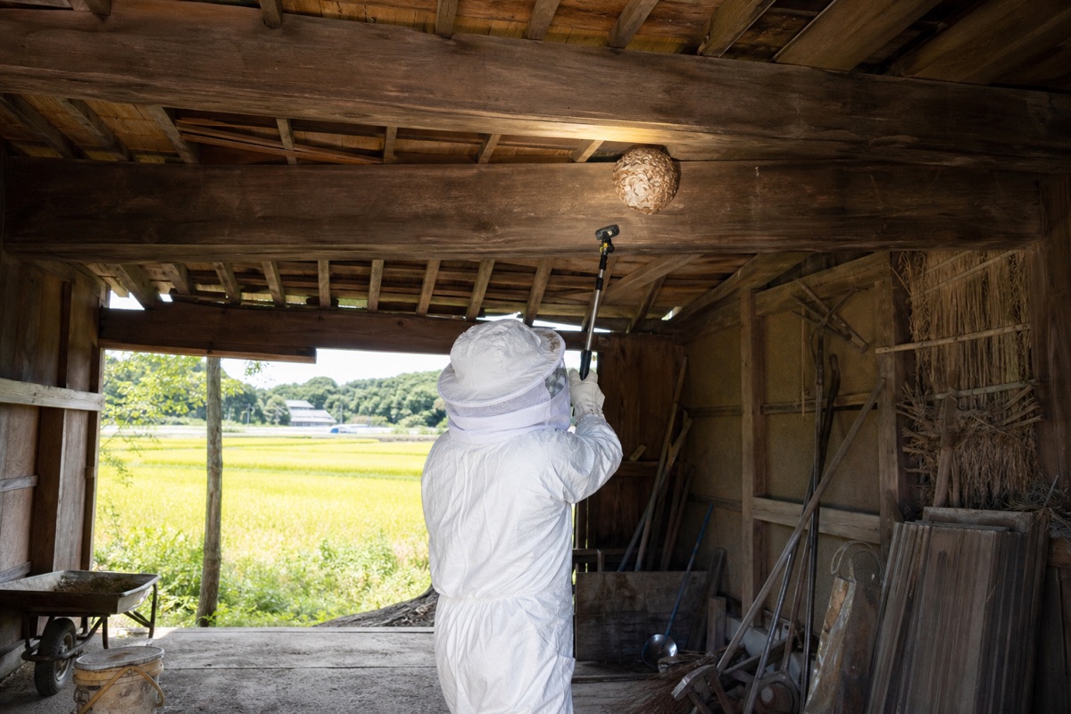 津島市大坪町の農家納屋でオオスズメバチ駆除作業中