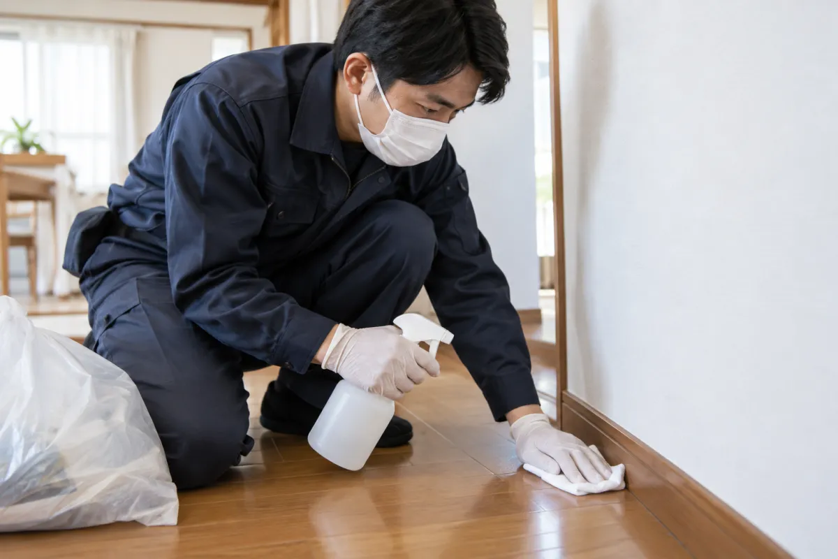 手袋とマスクを着けて床の隅を消毒液で拭き取り清掃する作業員