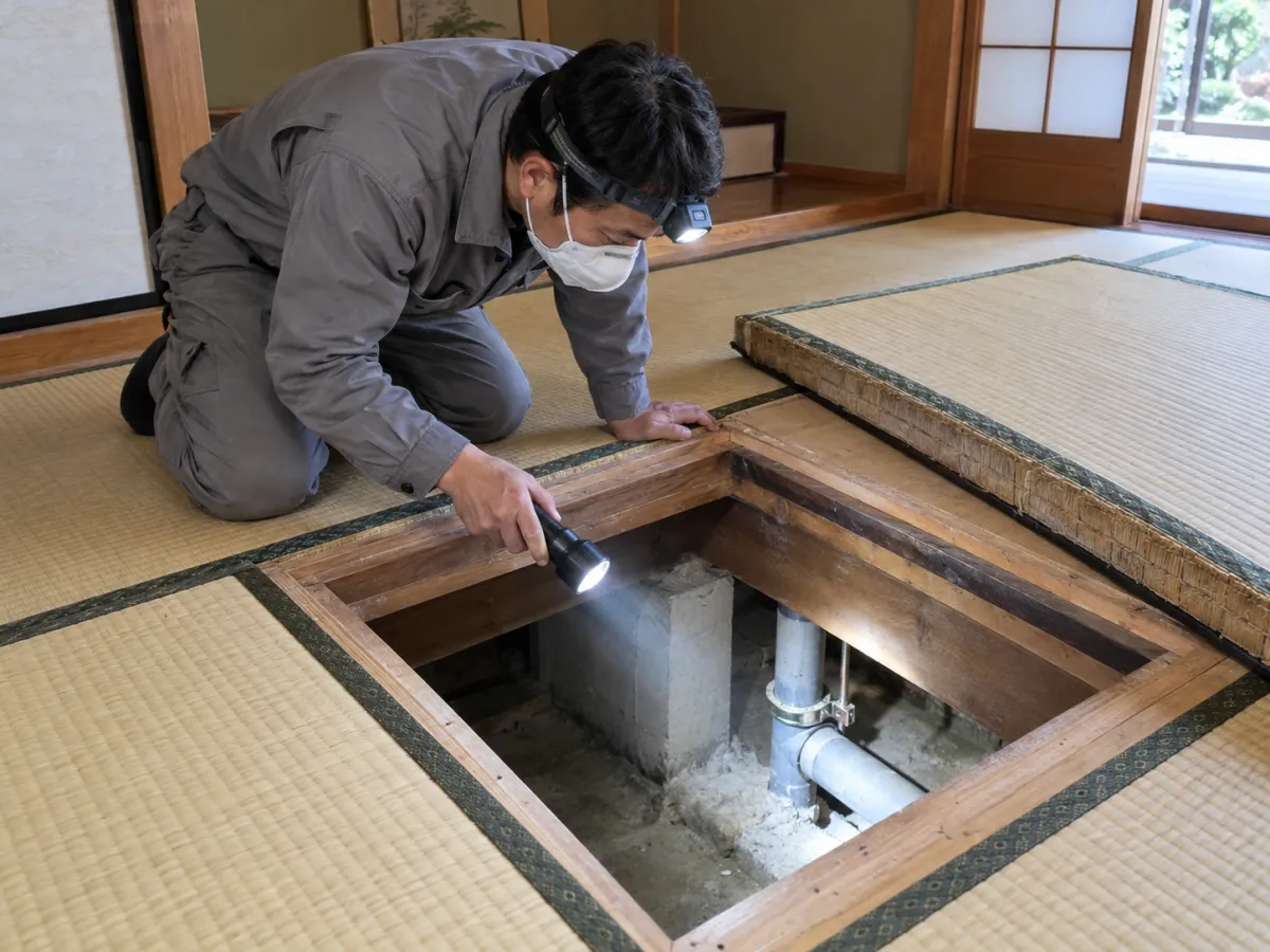 床下点検口から床下の状況を調査するネズミ駆除の作業員