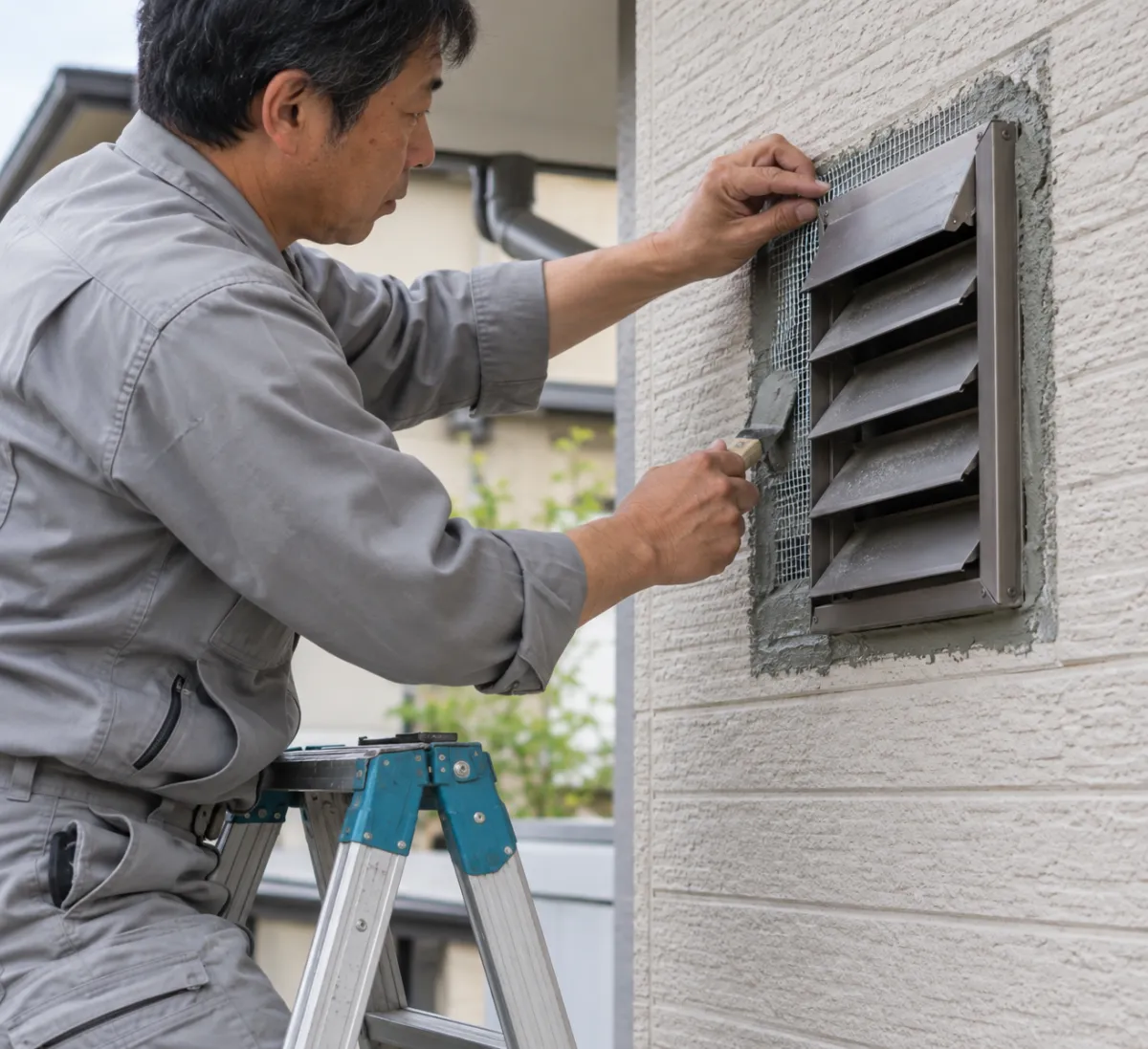 外壁の通気口のまわりの隙間を金網とパテで塞ぐ防鼠作業
