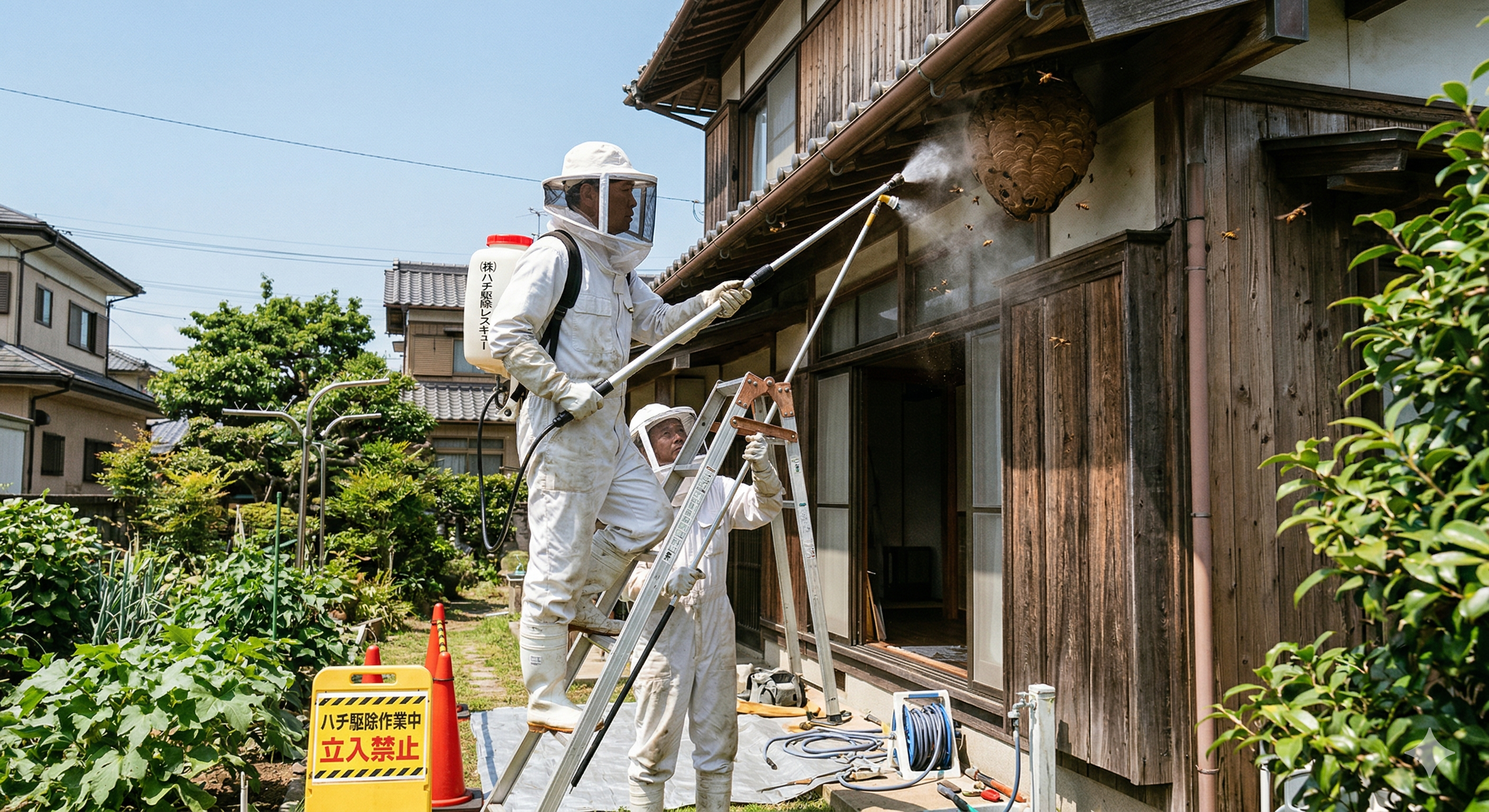 羽島市での蜂の巣駆除作業の様子